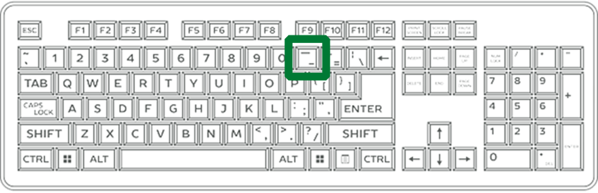 Teclado inglés con la tecla del guion resaltada, que se encuentra a la derecha del número 0, sobre las teclas de las letras.