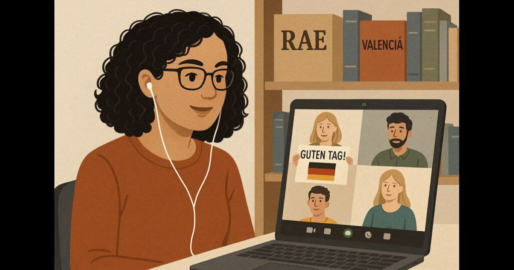 Dibujo generado con inteligencia artificial de una lingüista en videollamada con otros compañeros en una clase de lengua alemana, de fondo tiene el diccionario de la "RAE" y un libro que pone "VALENCIÀ" (aunque con la tilde mal puesta en el dibujo porque es IA).